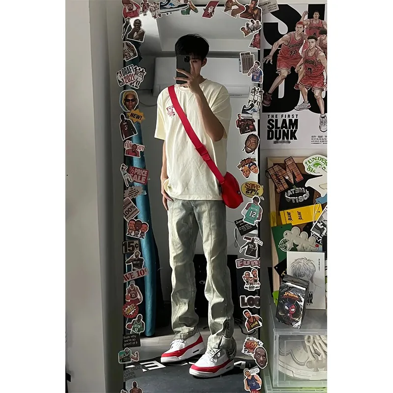 

Waed Vintage Yellow Clay Dyed Men's Jeans Zipper Slit American Retro Sle High Street Loose Long Trousers Cotton Blend