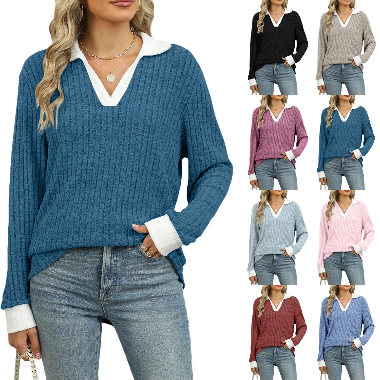

Women's Knitted T-shirt Loose Casual Patchwork Pit-stripe Turn-down Neck Sweatshirt Lapel Long Sleeve Tops Pullover for Female