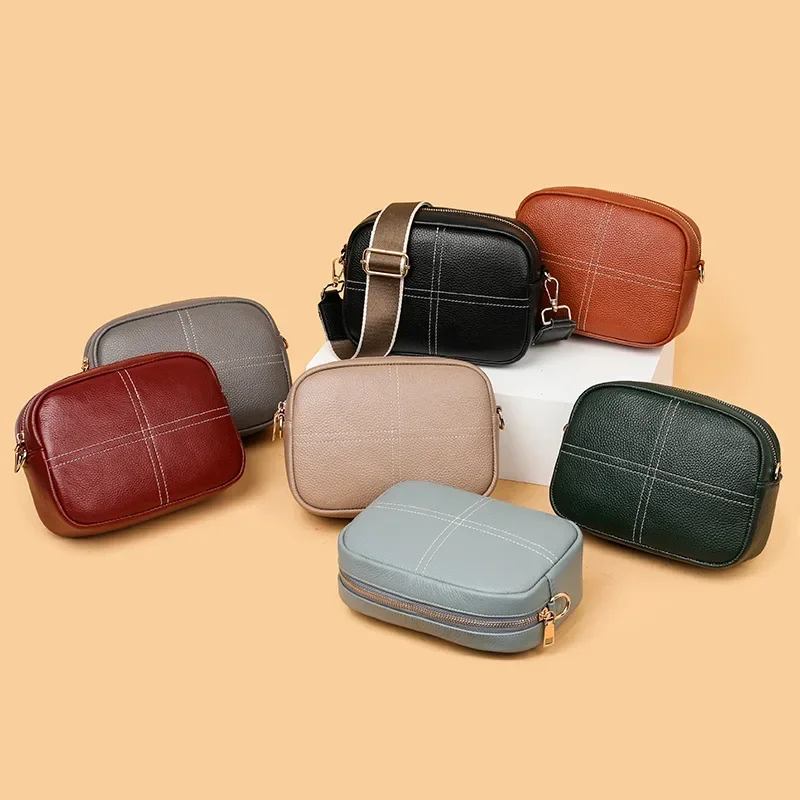 Fashion Cowhide Cell Phone Shoulder Bag Brand design Genuine Leather women Messenger Bags Wide Strap Daily Use Wallet HandBags