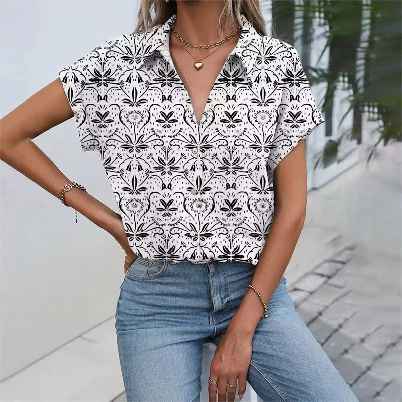 Daily Casual Women\'s Shirt Classic Black Line Print Shirts & Blouses Women\'s Summer Clothes Short Sleeve Button Front Shirt Tops