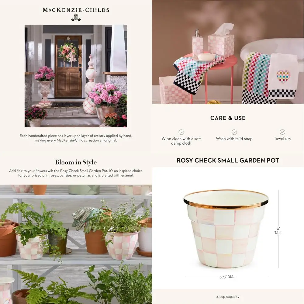 

Elegant Pink & White Checkered Enamel Plant Pot, Outdoor Decorative Flower Pot, Small Size