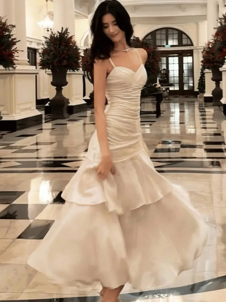 

Women's Elegant Ruffle Spaghetti Strapless Long Dresses Summer Slim Waist Casual Vestidos Wedding Holiday Banquet Evening Dress