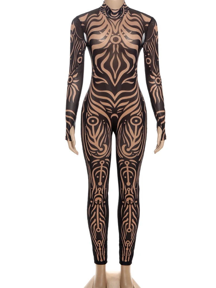 Nibber Stretch Jumpsuit Women See Through  High Neck Vintage Print Long Sleeve Skinny Sexy Midnight Fashion Wild Street Outfits