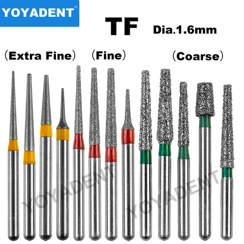 Fresas dentales de diamante tipo TF, fresas dentales para odontología, pieza de mano de alta velocidad, pulido de laboratorio Dental, 1,6mm, 10 unidades por paquete