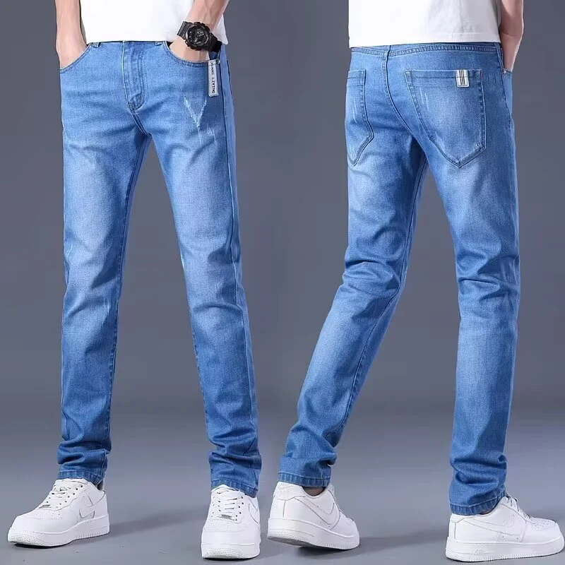 

Мужские повседневные прямые джинсы, мужские облегающие узкие джинсовые брюки, весенняя мода, потертые синие брюки в американском стиле ретро