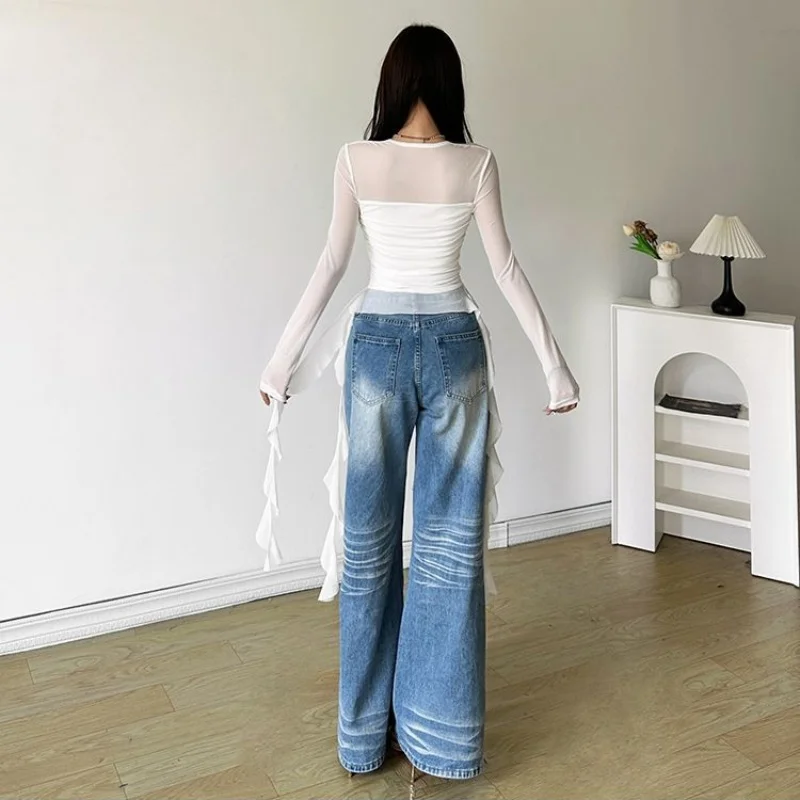 Ruffle Long Sleeve Sexy T-Shirts Fashion Women Y2K Irregular Asymmetrical Korean Crop Tops Casual Sheer Mesh Autumn Chic Tees