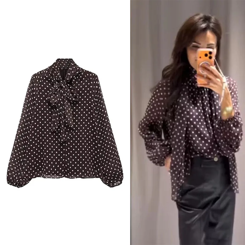 Polka Dot Printed Women Shirt 2025 Autumn New Bow Tied Blouse Woman Tops Lady Ruffles Long Sleeve Loose Elegant Blouses Top ﻿