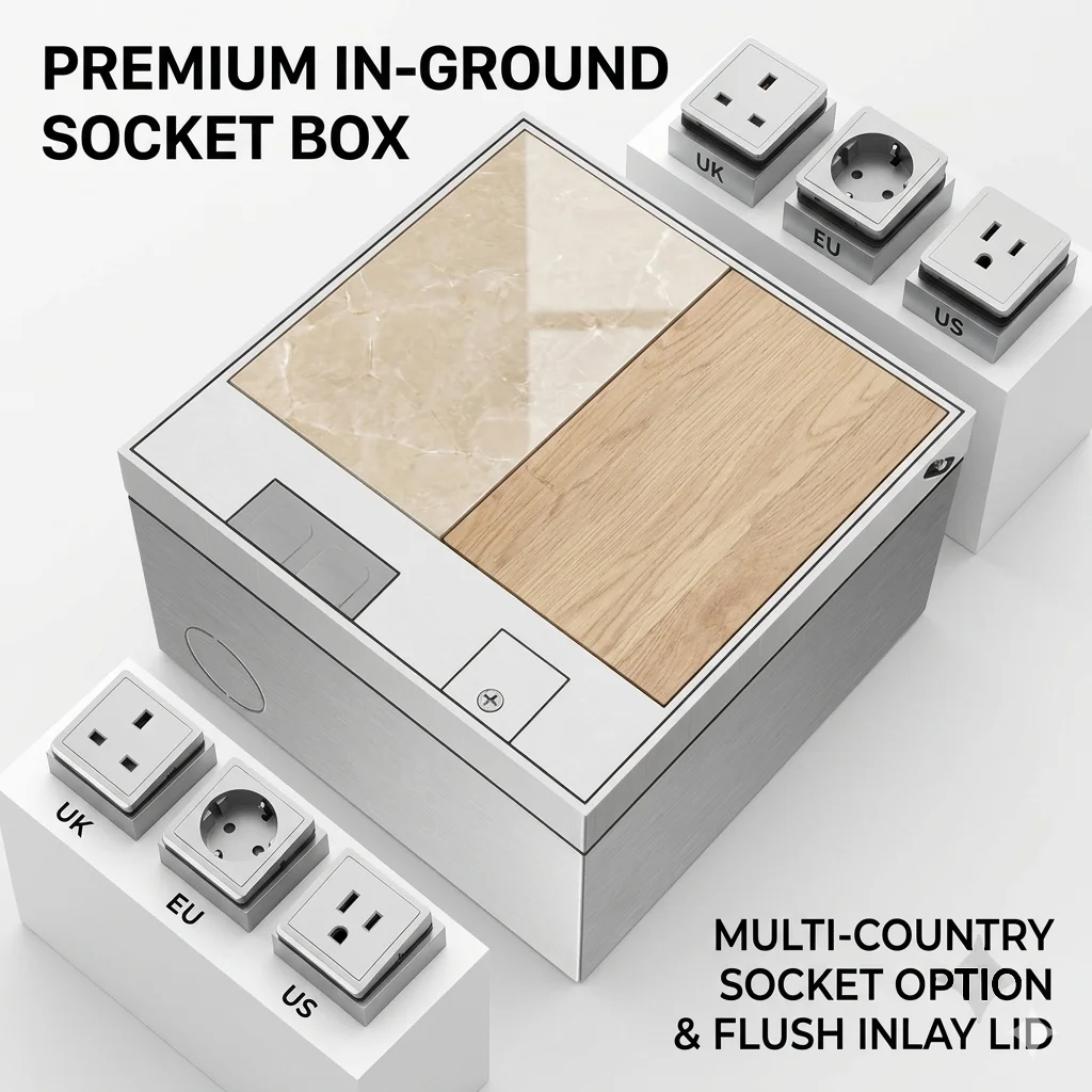 

Hidden Floor Socket Stainless Steel Flush Mount Insert Lid Tile Wood Floor Electrical Outlet Box Universal EU UK US CN Modules
