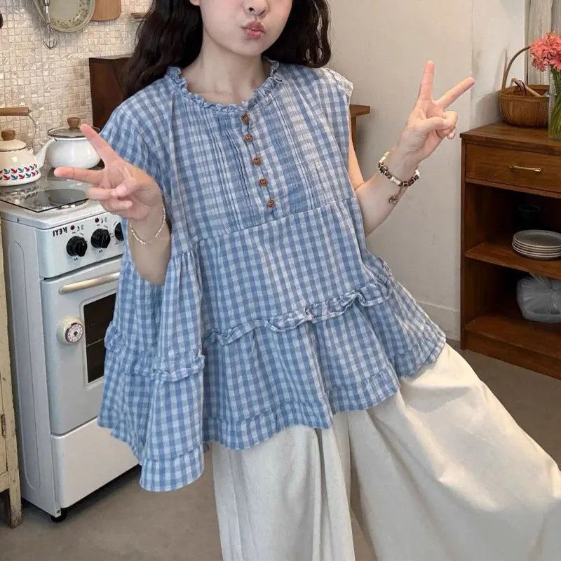 

Fashionable Plaid Temperament Blouse Women's Clothing Loose Casual Versatile Summer Korean Round Neck Chic Folds Spliced Shirts