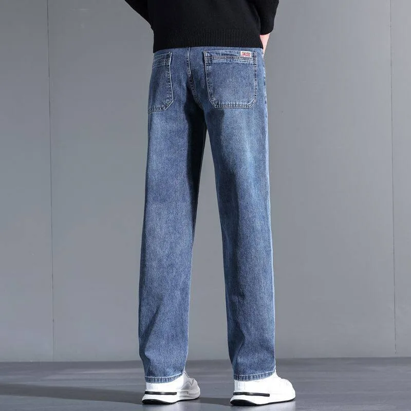 Spring 2026 Men's Loose Straight Leg Jeans Elastic Waist Casual Long Trousers Mid-aged Fashionable Polyester Fabric Blue Gray