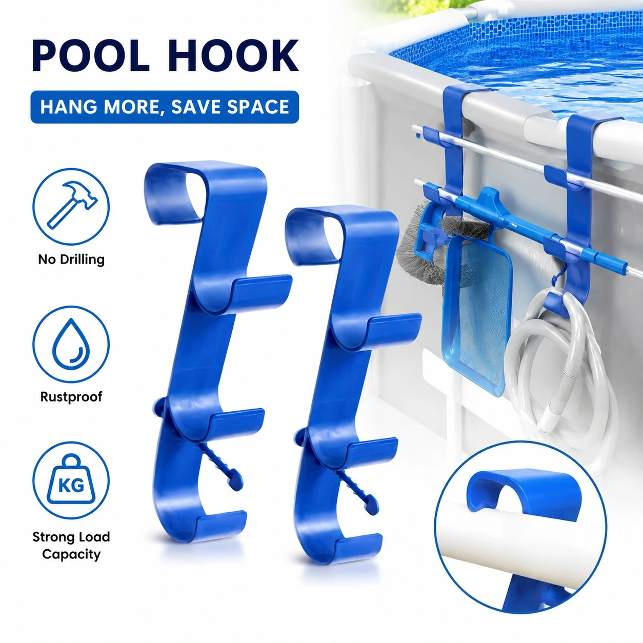 Pool Hook Above Ground Pool Pole Hanger No Drill Skimmer Net Hose Holder Rustproof Pool Cleaning Accessories for Outdoor Hot Tub