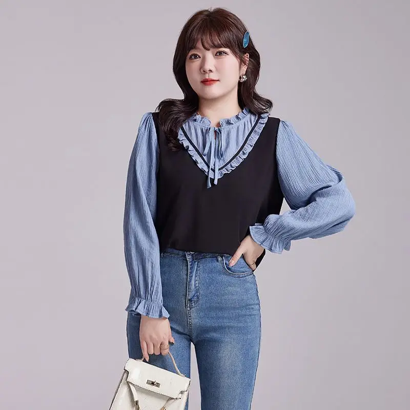 Korean Version Loose Simplicity Commute Flounce Lace Color Block Fake Two Pieces Insert Women\'s Chiffon Shirt Spring Autumn 2024