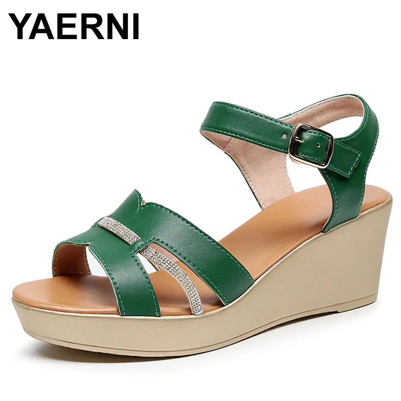 

Genuine Leather Women's Peep Toe Dress Sandals Roman Style Crystal Wedge Heeled Women Shoes Offers Women's Sandals Summer