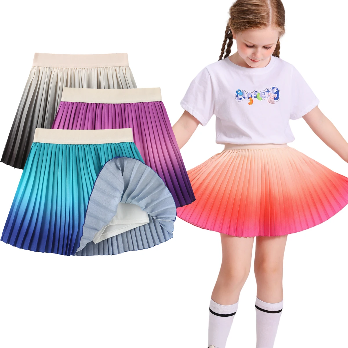 2-Pack Girls' Feather Ombre Pleated Skort with Built-In Safety Shorts for Kids' Casual Wear