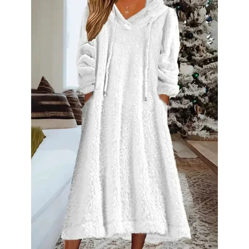 Women Autumn Winter Hooded Dress Long Sleeve Solid Color Pockets Lace-up Casual Fashion Warm Comfortable Regular Standard Dress