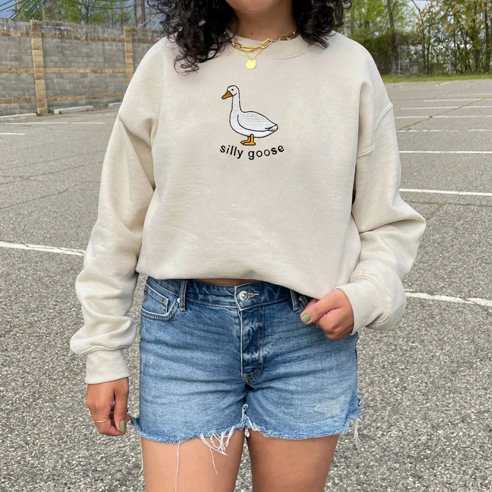 Vintage Style Silly Goose Embroidered Cotton Pullovers Women Long Sleeve Thick Fleece Inside Sweatshirts O Neck Casual Jumpers