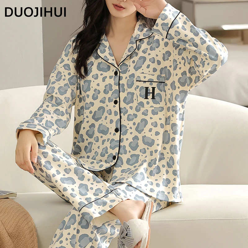 DUOJIHUI Fashion with Chest Pad Pajamas for Women Autumn New Basic Cardigan Loose Pant Simple Contrast Color Female Pajamas Set