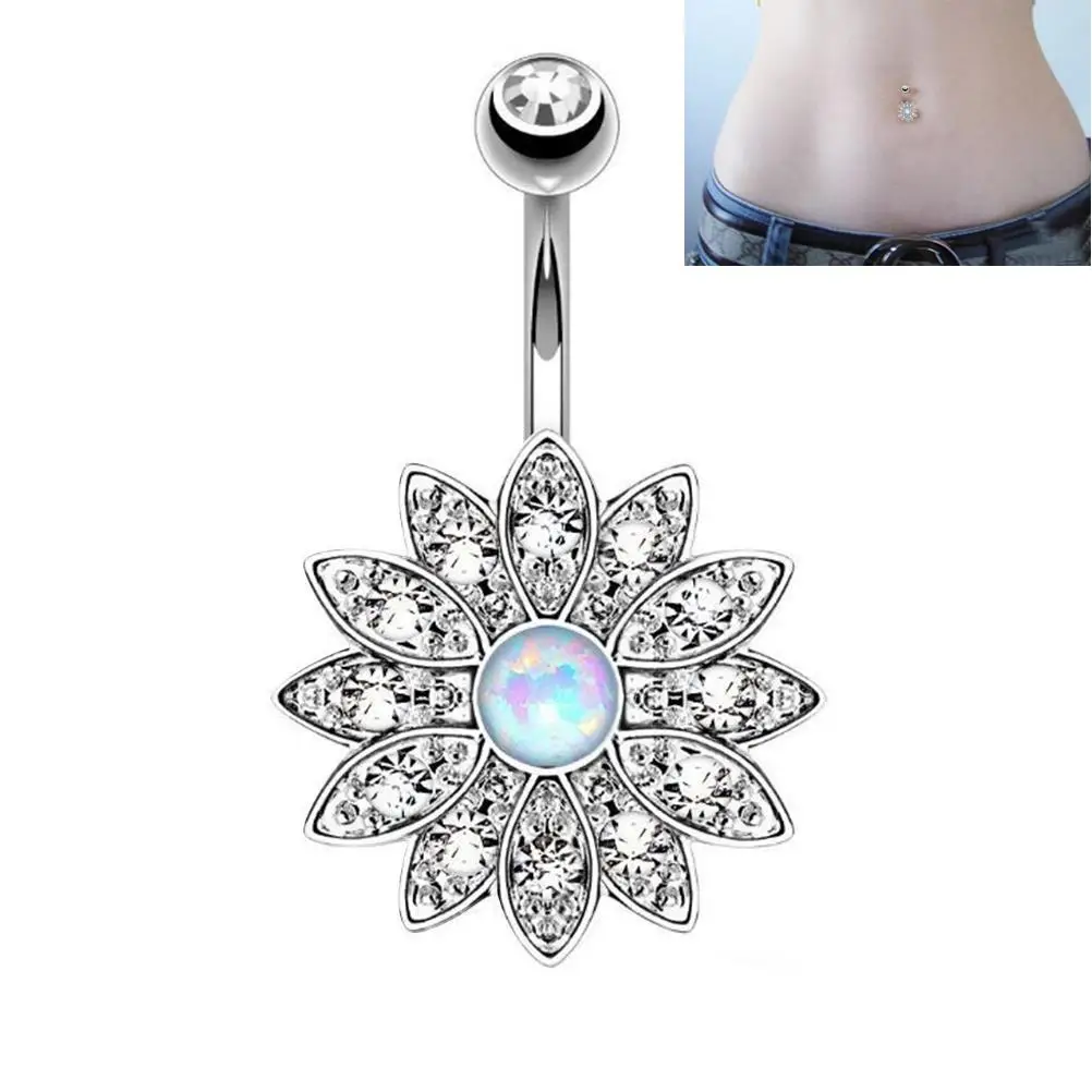 Belly Button Ring Jeweled Flower Belly Piercing for Decoration (Steel Color with White Rhinestone)