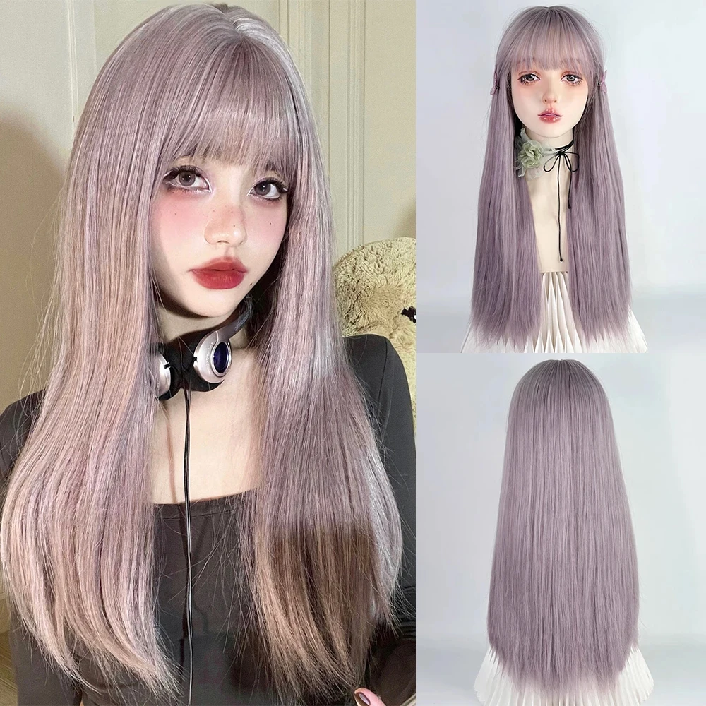 

GAKA Synthetic Long Straight Gray Purple Women Wig with Bangs Middle Part Lolita Cosplay Heat Resistant Wig for Daily Party