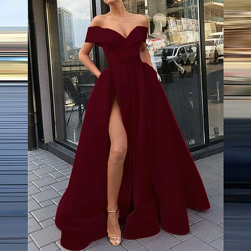 OMSJ Celebrity Women\'s Sexy Off Shoulder Strapless Low-cut V Neck High Side Split Formal Maixi Dresses Ladies Evening Party Wear