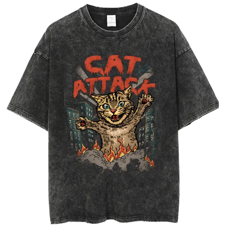 

Europe America and Other Old Washed Cross-border Large Size Loose T-shirt Catzilla Monster Cat Male and Female Students Tide