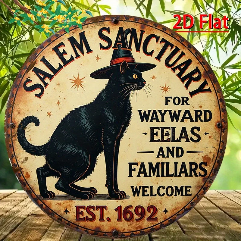 2D Flat, Retro Wooden Witch And Black Cat Welcome Sign, - Mysterious 