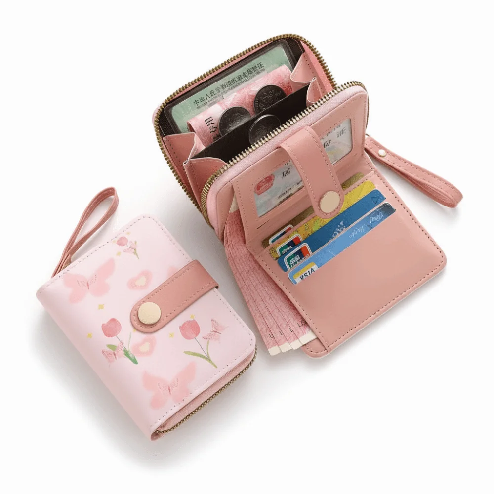 Fashion Carrying Strap Short Wallet PU Leather Large Capacity ID Card Holder Lightweight Coin Purse