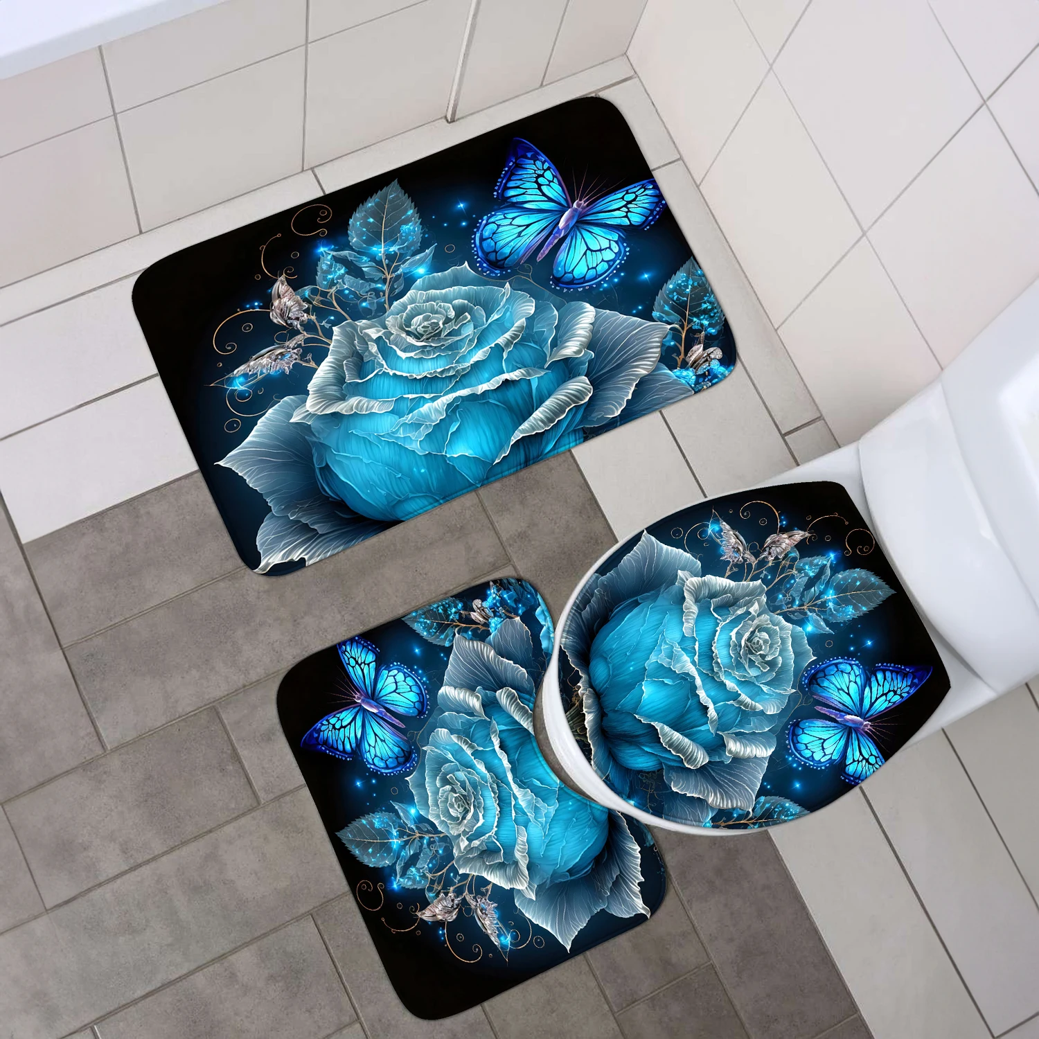 4-piece set of blue fairy flower print 12 hook waterproof shower curtain, bathroom floor mat, U-shaped mat, toilet O cover mat