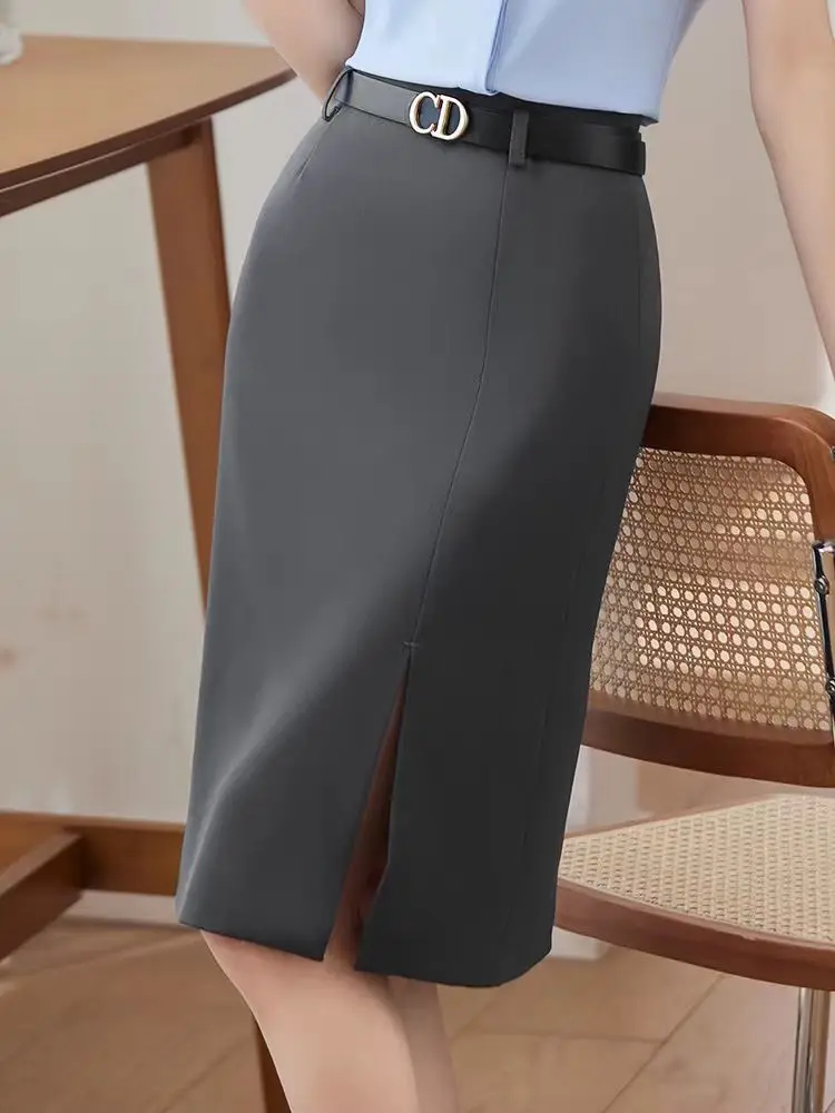 

NAVIU New Gray Skirts Women Slim Midi Skirt Office Lady Folds Pencil Split Elegant Work Skirt Office Ladies Clothes Black