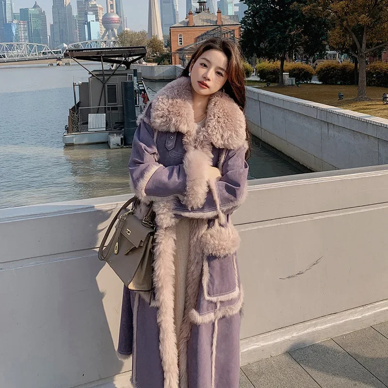 Purple Cotton-padded Coat Jacket For Women Lamb Woolovercoat Real Fur Long Style Winter 2023 New Arrival