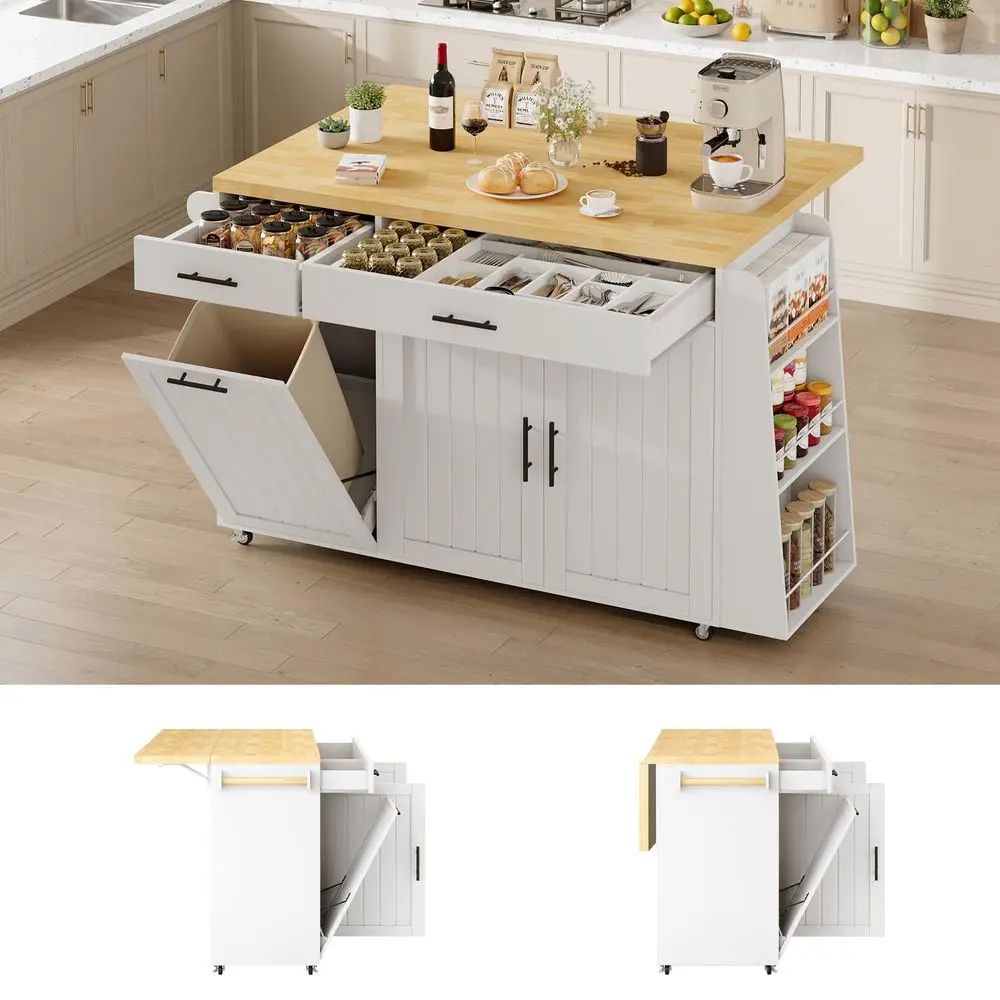 65 Kitchen Island with Drop Leaf, Rolling Island with Spice Rack amp Towel Rack, Mobile Kitchen Island Cart with 2 Draws amp Tr