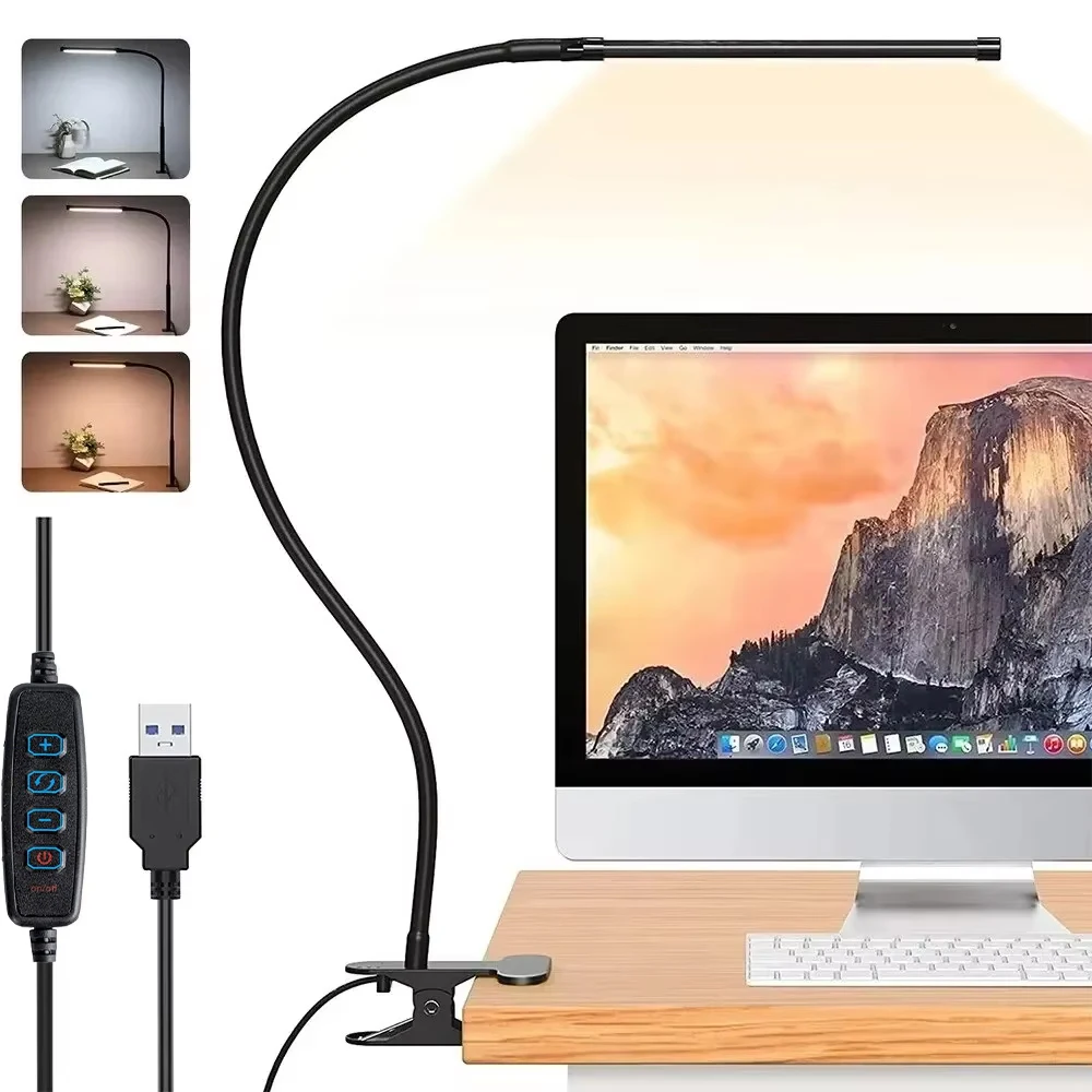 Lampa biurkowa LED 10W z zaciskiem Możliwość przyciemniania Lampka do czytania 10 poziomów jasności 3 tryby oświetlenia Elastyczna lampa stołowa do nauki USB
