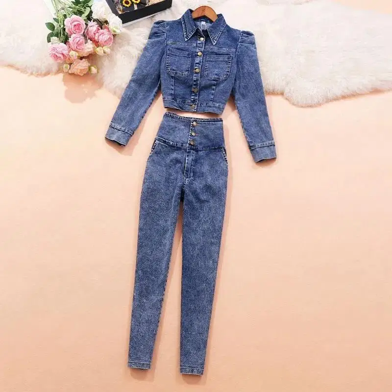 Fashion Casual Denim Suit Cowboy Jacket Coat Crop Top  And Pencil Pant Jean Two Pieces Set Outwear Trousers Street Y2K Suits