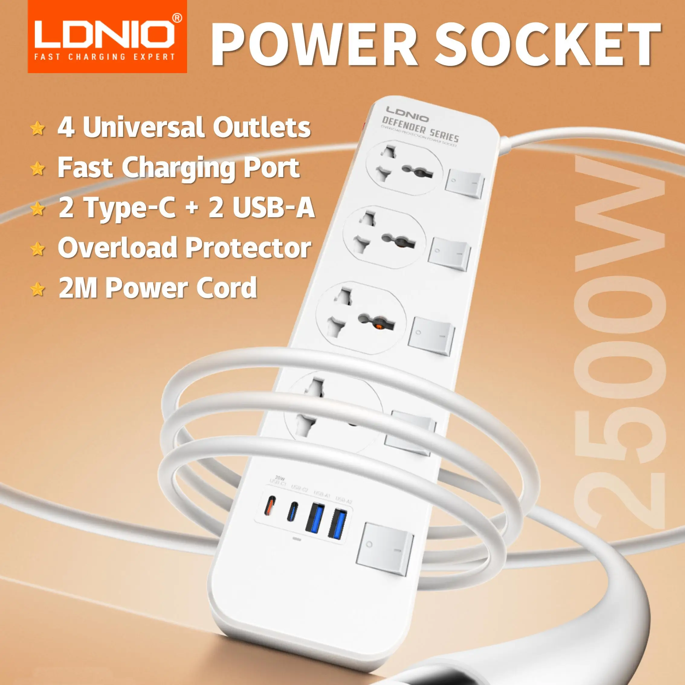 

LDNIO Power Socket 4 Outlets 4 Usb Charging Ports UniversalPower Strip Switched With 2M Wall Mountable for Home And Office