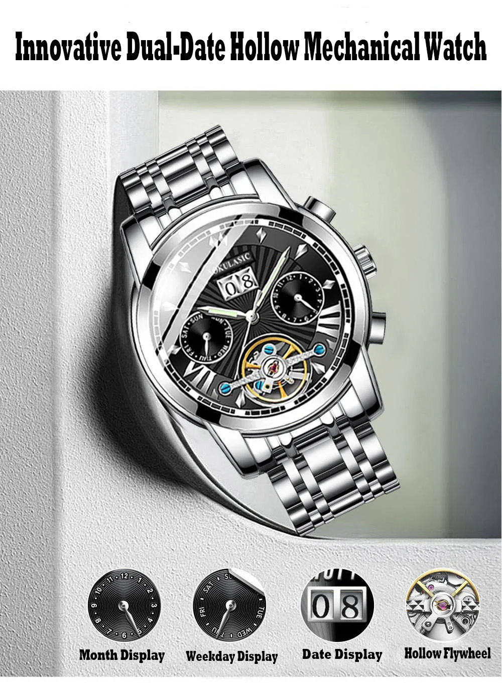 New Full Automatic Mechanical Men's Watch Steel Band with Dual Straps and Skeleton Design