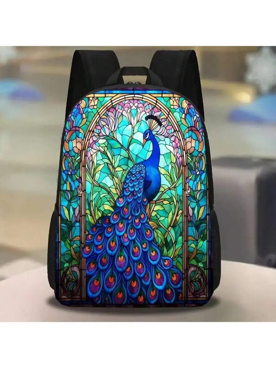 

Stained Glass Peacock Print Backpack 17 Inch Lightweight Casual Unisex Polyester Bag With Zipper Closure