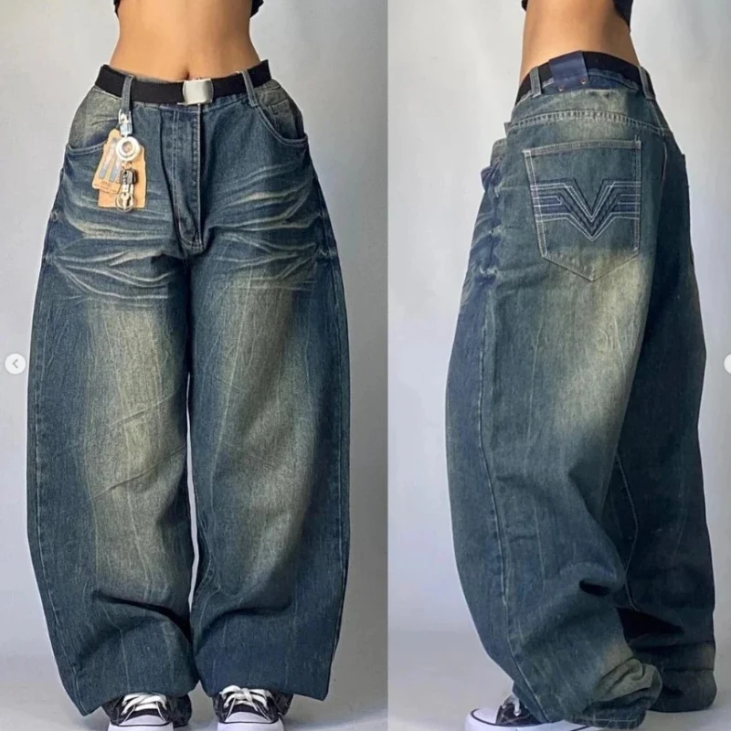 American Hip Hop Retro Gothic Print Jeans Women Y2K New Street Selling Fashion Loose Straight Wide Leg Pants Unisex Joker Jeans