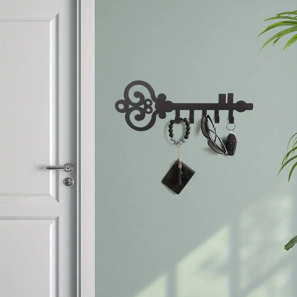 CIFBUY Wall Mounted Key Holder, Key Storage Row Hooks With 7 Hooks, Black Metal Key Organizer Rack, Hanger, Bedroom Decor