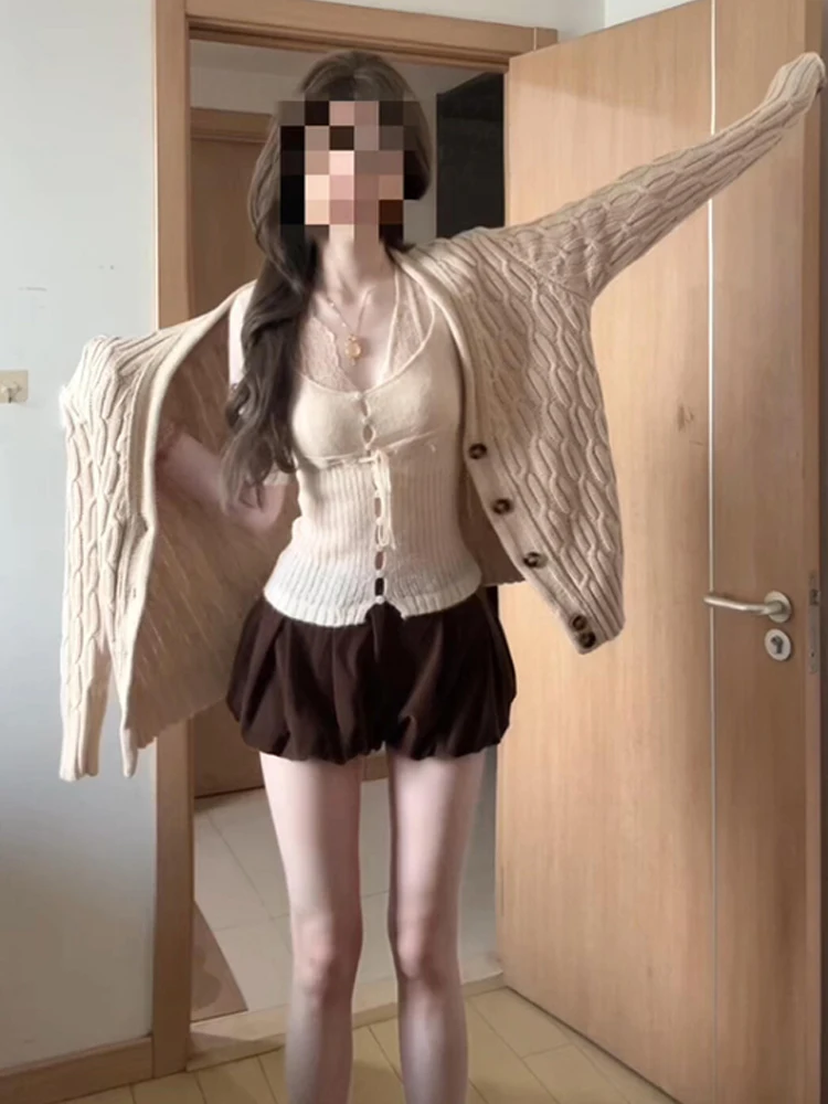 

Women's Knitted Long Sleeve Lace Hollow out Cardigan Sweater Set with Shorts Chic Autumn Fashion Three-Piece Ensemble