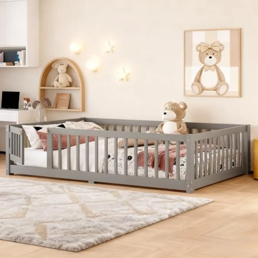 

Full Size Floor Bed with Door and Support Slats Wood Floor Bed with Full-length Guardrails Montessori Floor Bed Frame for Boys