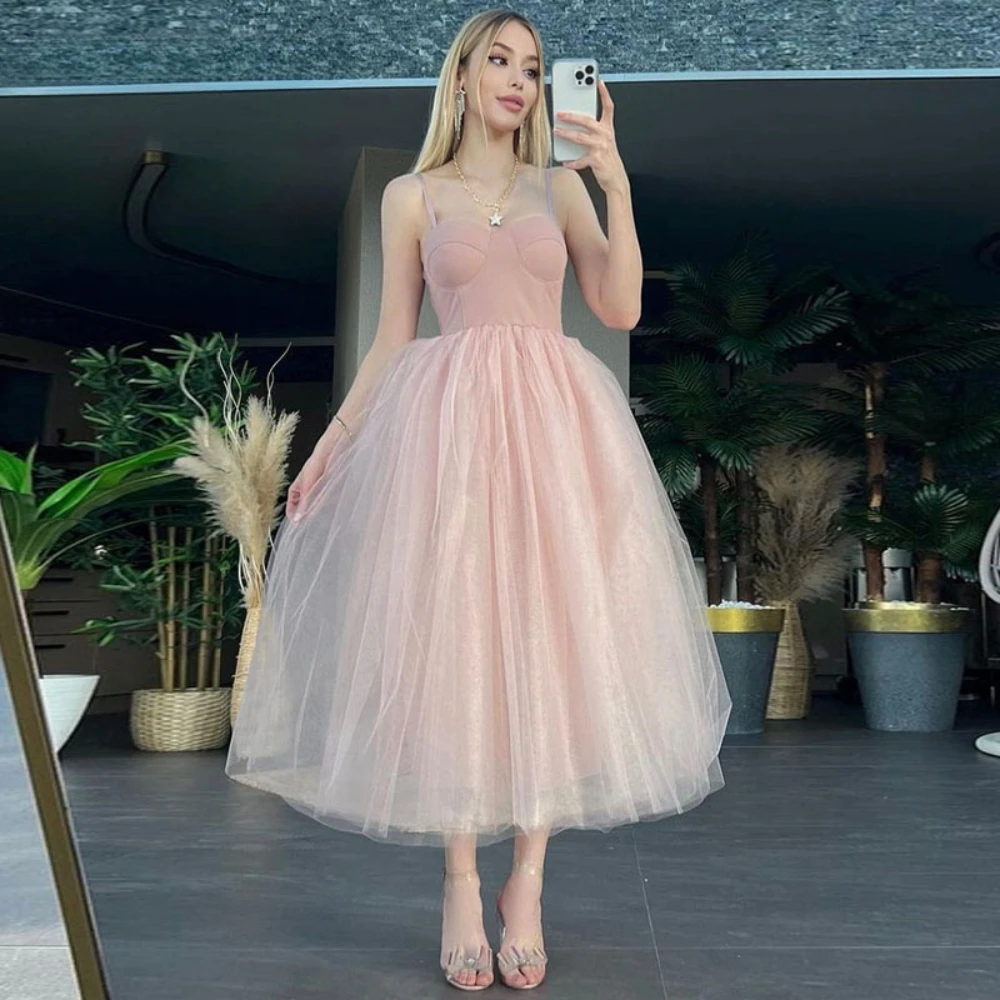 Bride Pink Dresses for Prom Luxurious Turkish Evening Gowns for Women Elegant Party Fairy Tea Length Simple Female Banquet Gowns