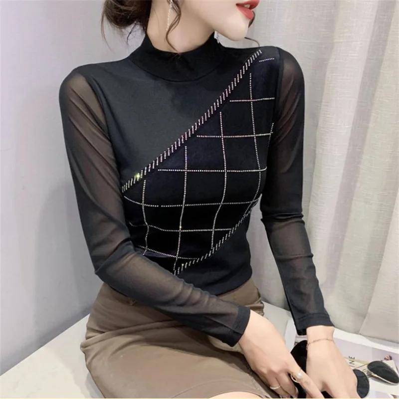 

Mesh Women T-shirt Patchwork Tshirts Half high collar Blous Bottom Top For Women Hot Diamond Female Tshirt Fashion Woman Tees