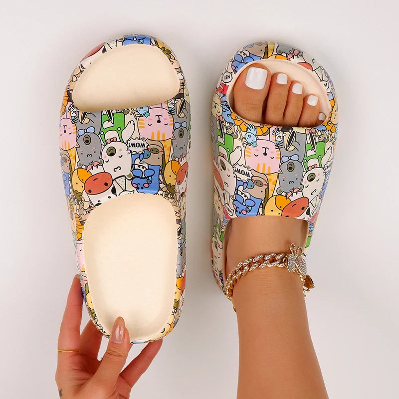 High Fashion Couple Thick Soled Slides Printed Eva Beach Women Slippers