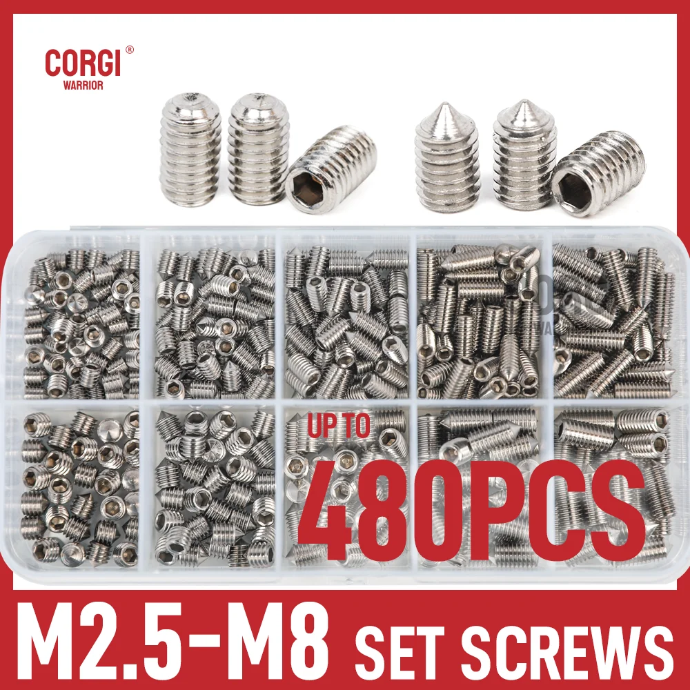 Up to 480 Cup Cone Point Set Screw Assortment Kit Metric M2.5 M3 M4 M5 M6 M8 Socket Head 304 Stainless Steel Grub Set Screws