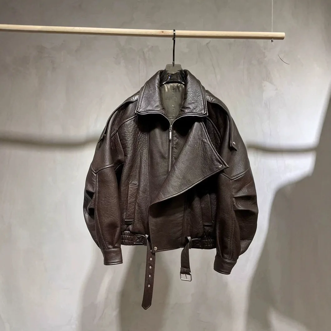 

PU Leather Women Jacket For Women American Style Autumn Motorcycle Faux Leather Outerwear Oversized Loose Casual Zipper Jacket