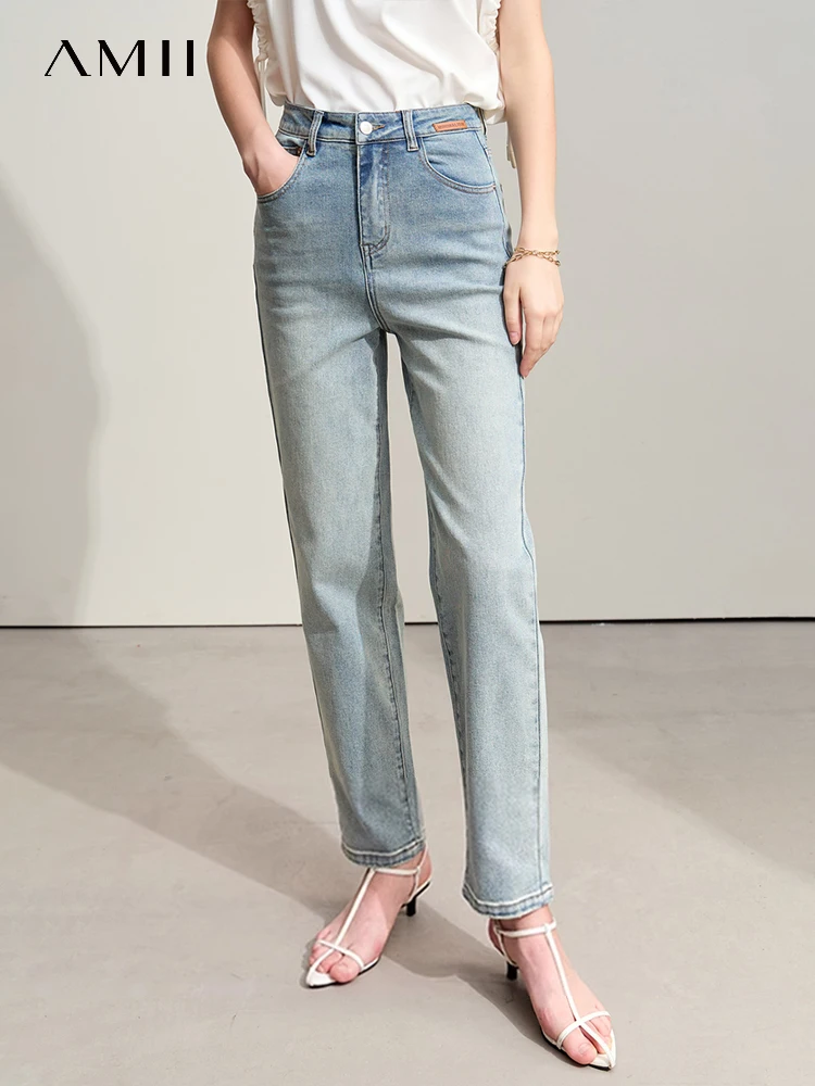 AmiiI Minimalism 2024 Summer New Women Classic Jeans Denim Retro Leather Tag Decorated Female Ankle-legth Tapered Pants 12442079