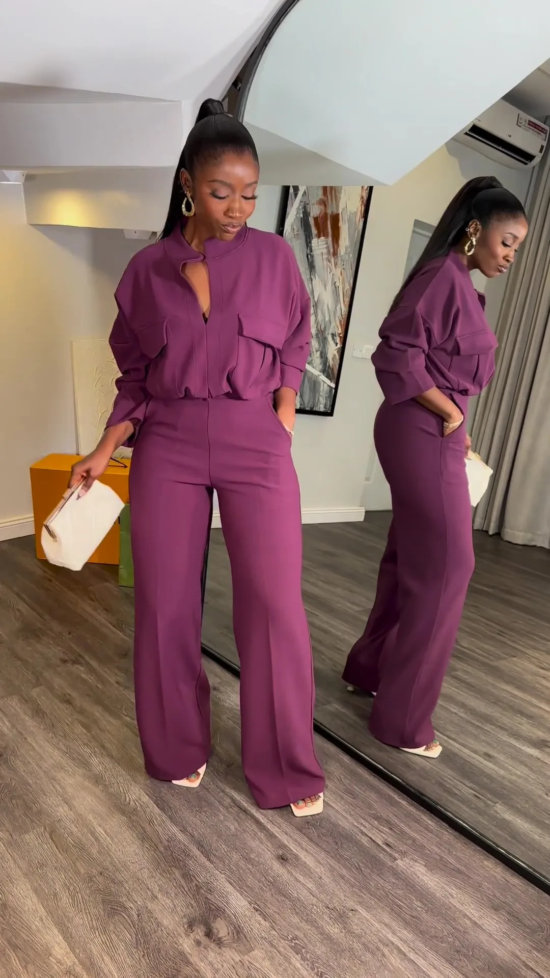 Traje de pantalones informales holgado para uso diario, conjunto de pantalón versátil de colores sólidos para primavera y otoño, Top de manga larga con cuello en V, pantalones de pierna ancha de 2 piezas