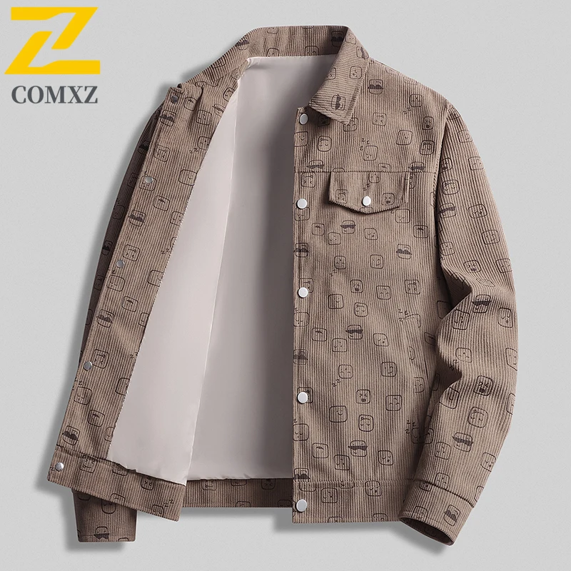 High Quality Jackets Men's 2025 New Autumn Fashion Corduroy Printed Windproof Jacket Male Casual Korean Single Breasted Coat