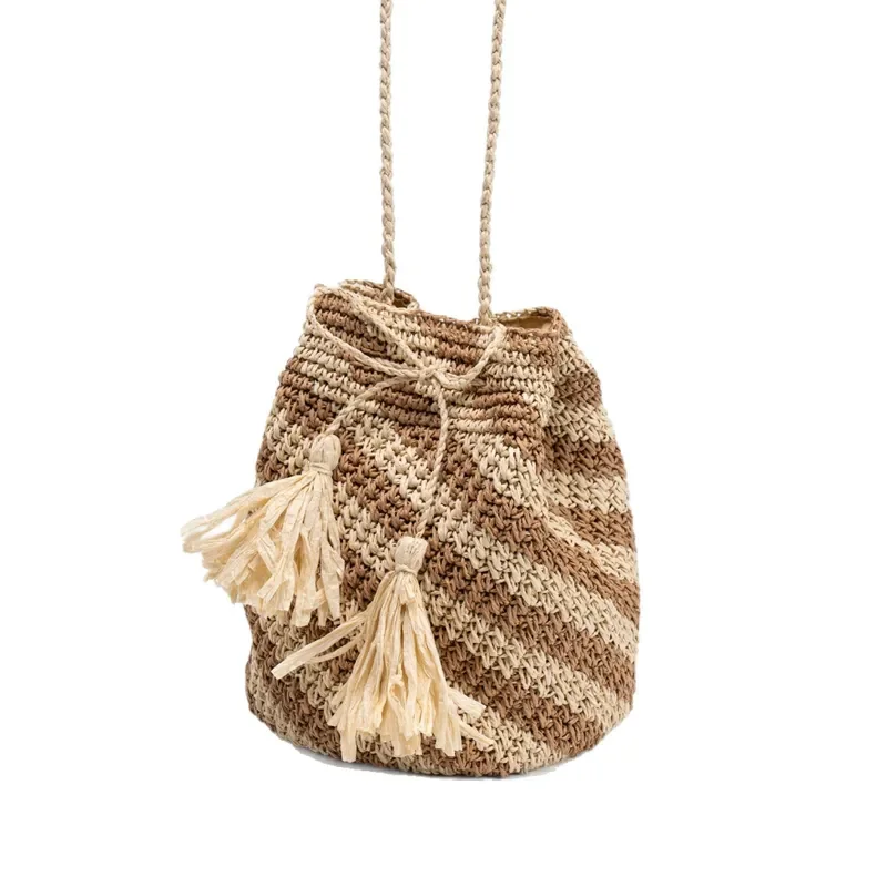 Striped straw handwoven messenger bag for women with contrasting details beach holiday shoulder bag lightweight summer view 5