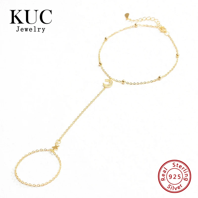 

Fine Jewelry Women Luxury Chic Trendy Exotic Charm 925 Sterling Silver Star Moon Ring Hand Chain Bracelet